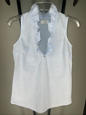 Mud Pie Blue & White Seersucker Ruffle V-Neck Sleeveless Top